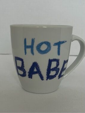 "HOT BABE" White Ceramic Mug with Blue Lettering